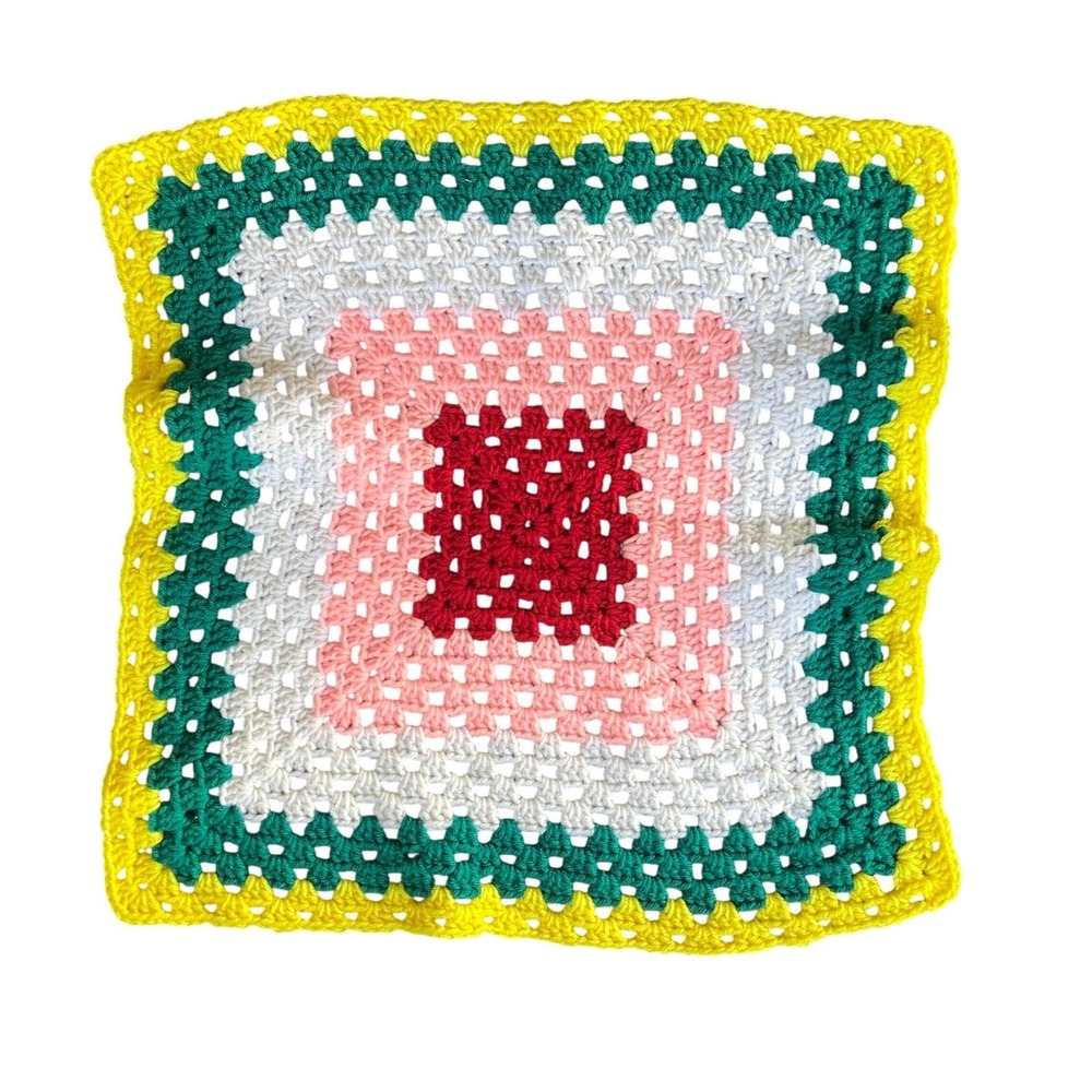 Handmade Crochet Granny Square Throw Blanket White Yellow Afghan 19"x19"